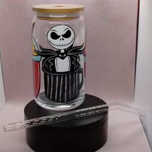 Jack & Sally Glass Cup with Bamboo Lid and Glass‎ Straw NEW